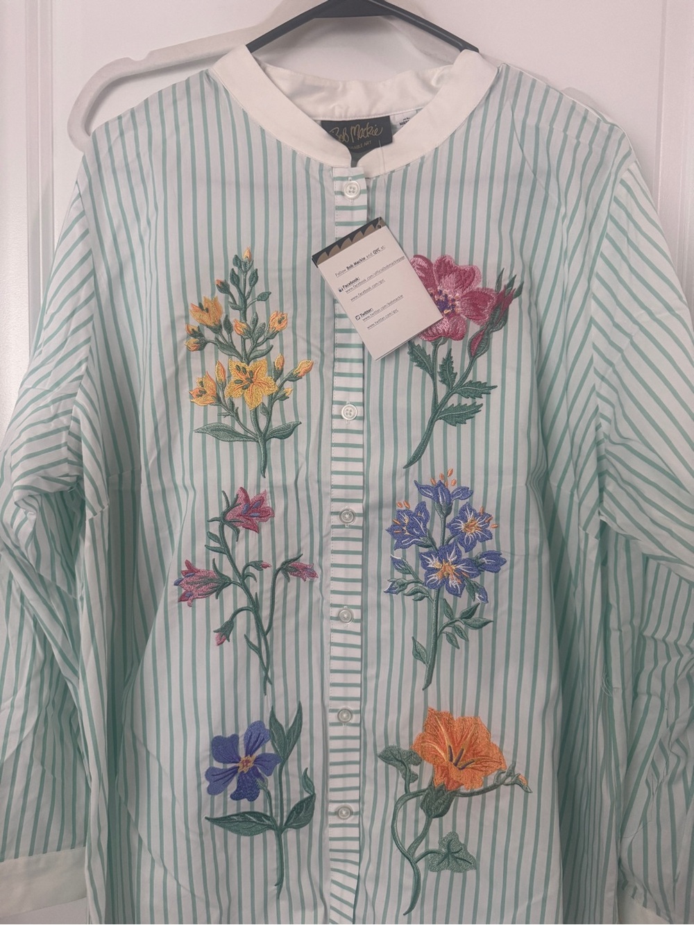 Bob Mackie Mint-Striped Button Front Shirt with White Collar and Pink Embroidery